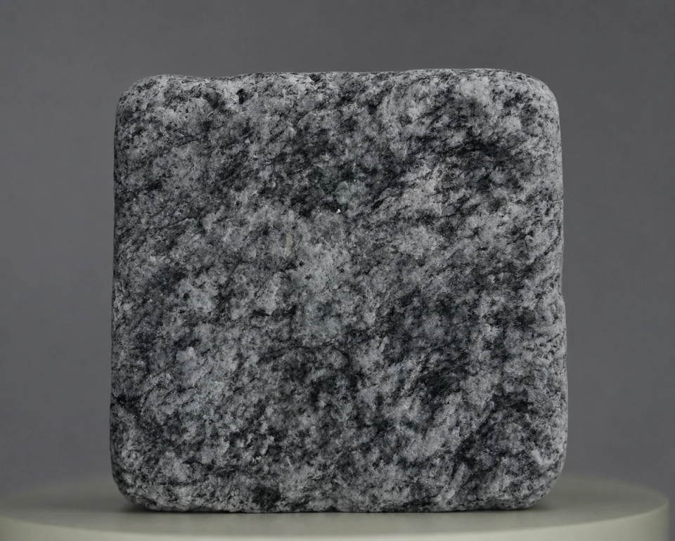 Crystal Grey antike Granitpflastersteine mit natürlicher graubeiger Kristallstruktur und markanten Farbkontrasten, die unter Sonnenlicht und architektonischer Beleuchtung einen eleganten Glitzereffekt für hochwertige Landschaftspflasterungen erzeugen.