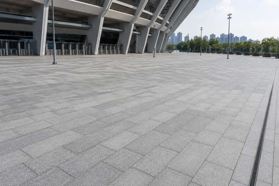 Custom grey natural granite slabs paving a large stadium entrance plaza with integrated linear drainage and open event circulation space