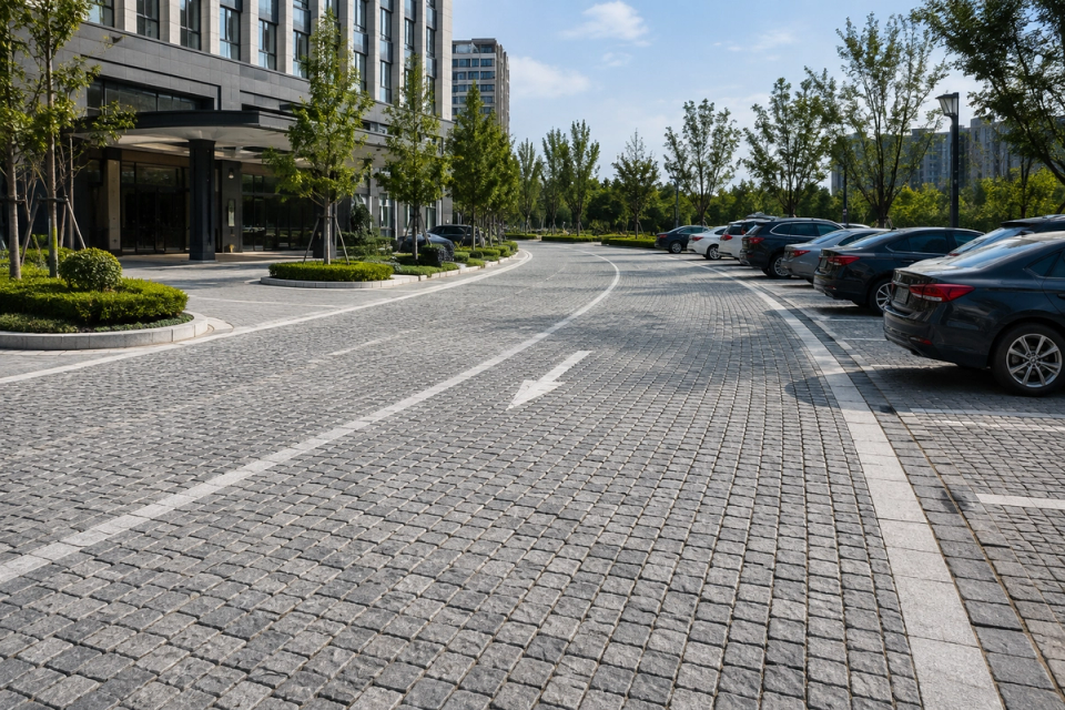 Natural granite cobblestone paving for a public parking area and vehicle road, connecting building entrances, parking spaces and landscaped areas for heavy duty traffic.
