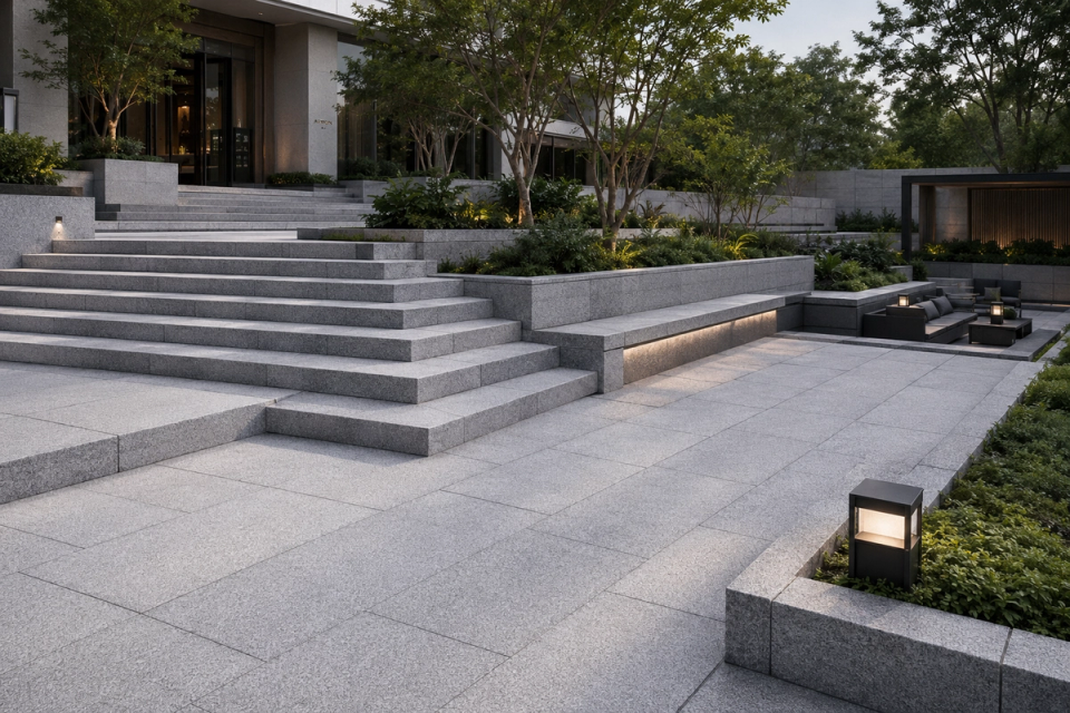Custom natural granite slabs used for modern landscape steps, paving, integrated seating and level changes, creating a continuous and unified outdoor space