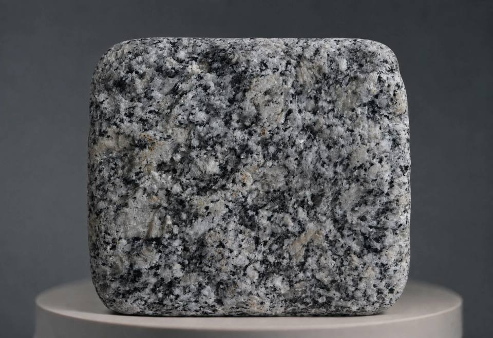 Haiti Grey Granitpflasterstein mit Antik-Finish, grau-weißer Kristallstruktur, dunklen Mineralkörnungen und weich abgerundeten, gealterten Kanten.