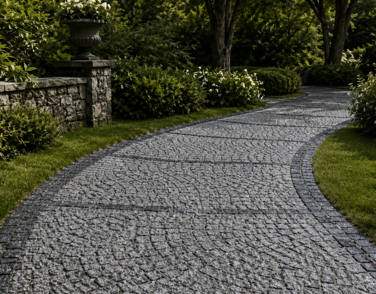 Natürliche Granitpflastersteine in geschwungenen Verlegemustern für einen Gartenweg eines europäischen Anwesens, geeignet für Privatgärten, hochwertige Wohnanlagen und Landschaftsprojekte.