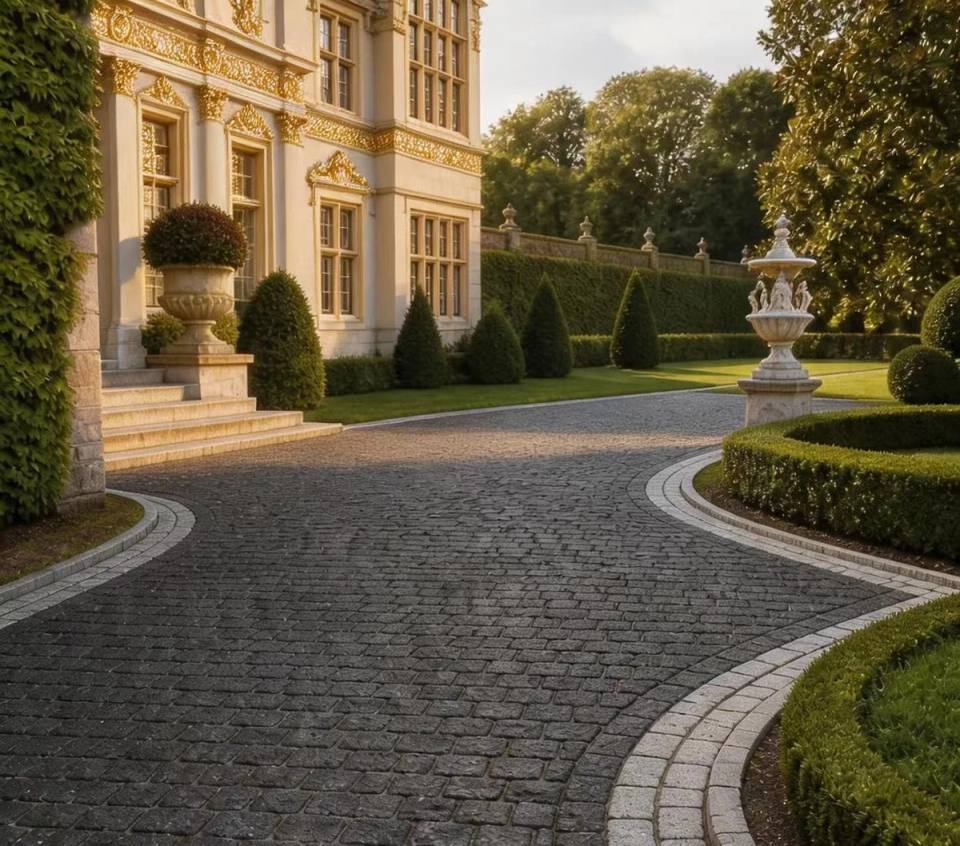Luxury villa driveway paving with textured natural face black granite cobblestones for private estate landscaping.