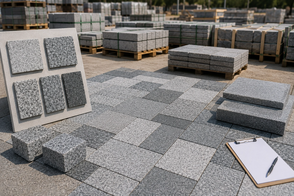 Granite project sample approval and paving mock-up showing granite samples, paving slabs and bulk stone in different colors and surface finishes.
