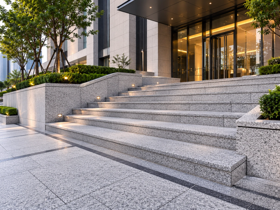 Custom natural granite slabs used for large landscape steps, entrance paving and special edge detailing at a modern building entrance