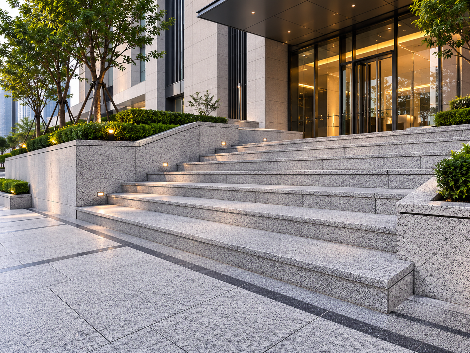 Custom natural granite slabs used for large landscape steps, entrance paving and special edge detailing at a modern building entrance
