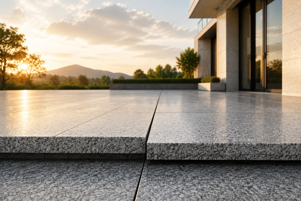 Großformatige Granitplatten im Außenbereich einer modernen Luxusresidenz mit sichtbaren Höhenunterschieden und Fugen zwischen benachbarten Platten.