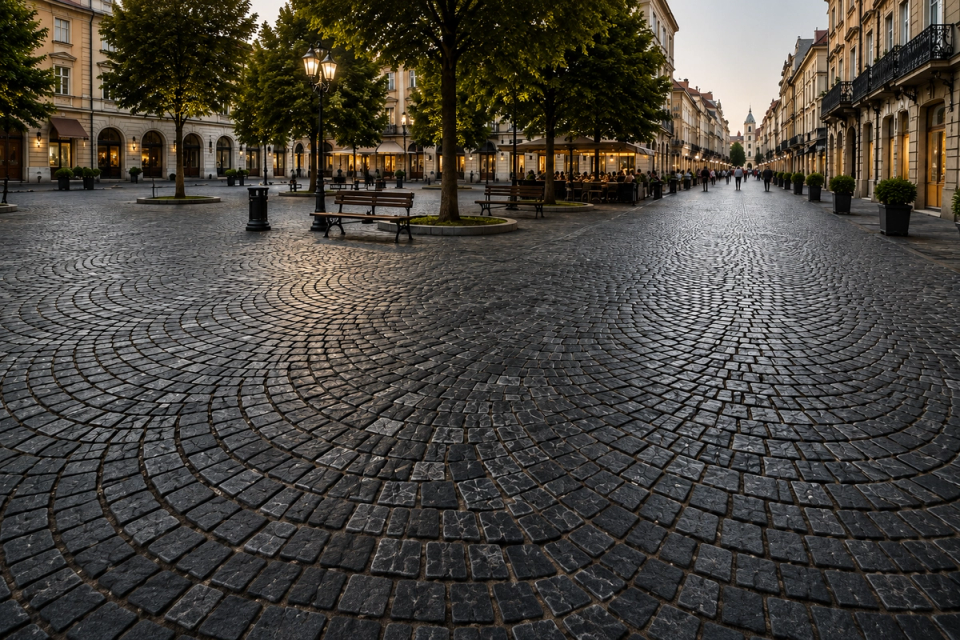 Urban public square and pedestrian street renovation with dark natural granite cobblestones laid in curved patterns, integrated with historic buildings, tree pits, commercial spaces and drainage details