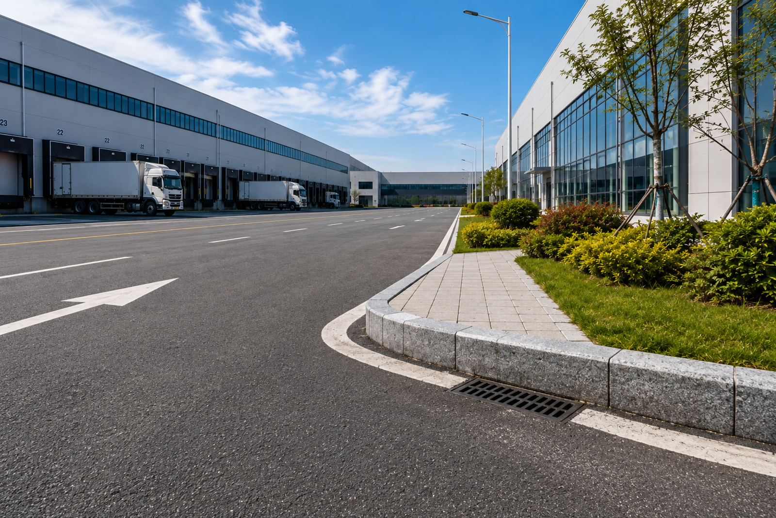Natural granite kerbstones along a heavy-duty road in a logistics park, connecting warehouse access, loading areas, road drainage and landscaped green spaces.