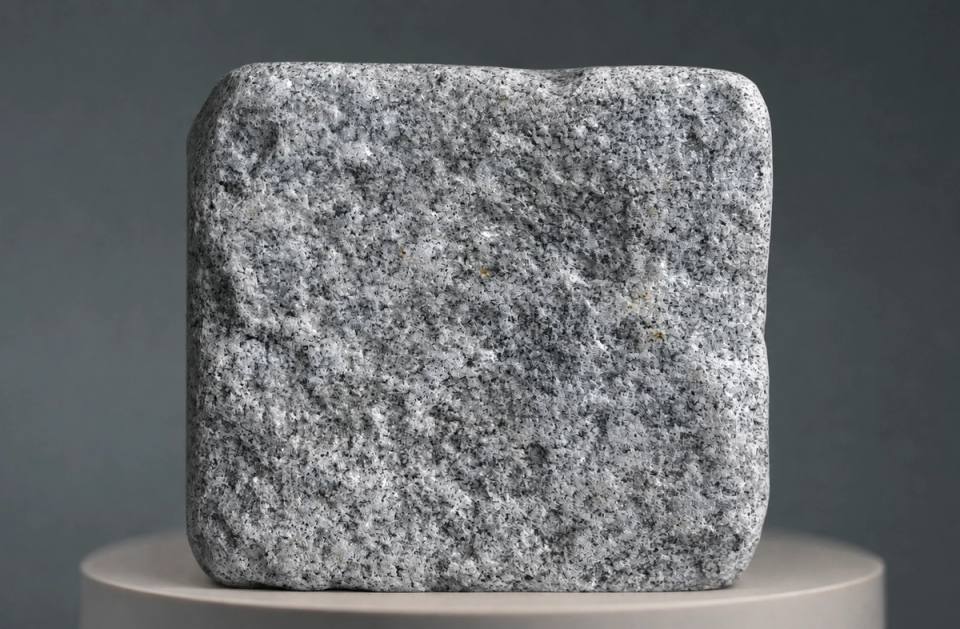 Saxon Grey Granitpflasterstein mit Antik-Finish, natürlicher grauer Mineralstruktur und sanft gealterten, abgerundeten Kanten für Höfe, Einfahrten und Landschaftspflaster.