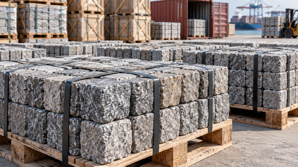 Bulk granite cobblestones packed on reinforced pallets for container export and long-term supply to importers, distributors and large projects