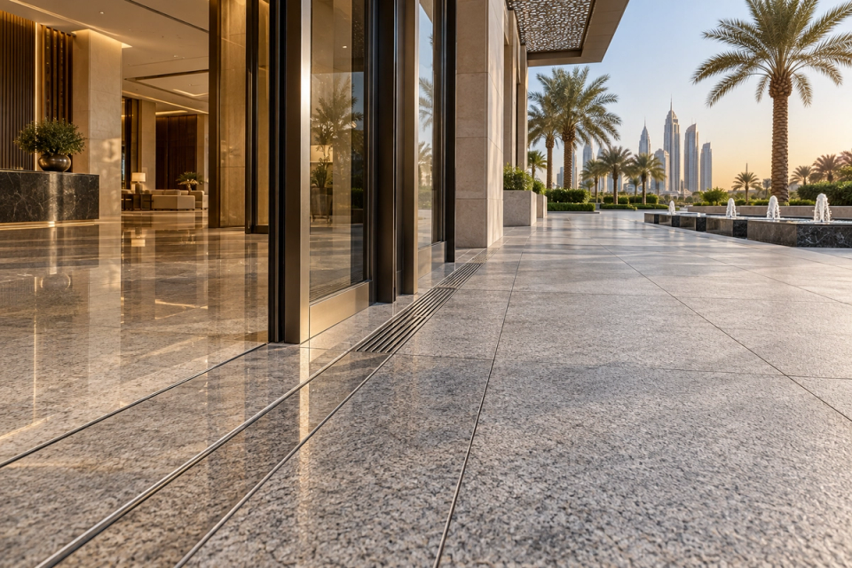Natural granite paving transition at a modern high-end building entrance, connecting interior granite flooring with slip-resistant exterior granite slabs, threshold detailing, paving joints and linear drainage.