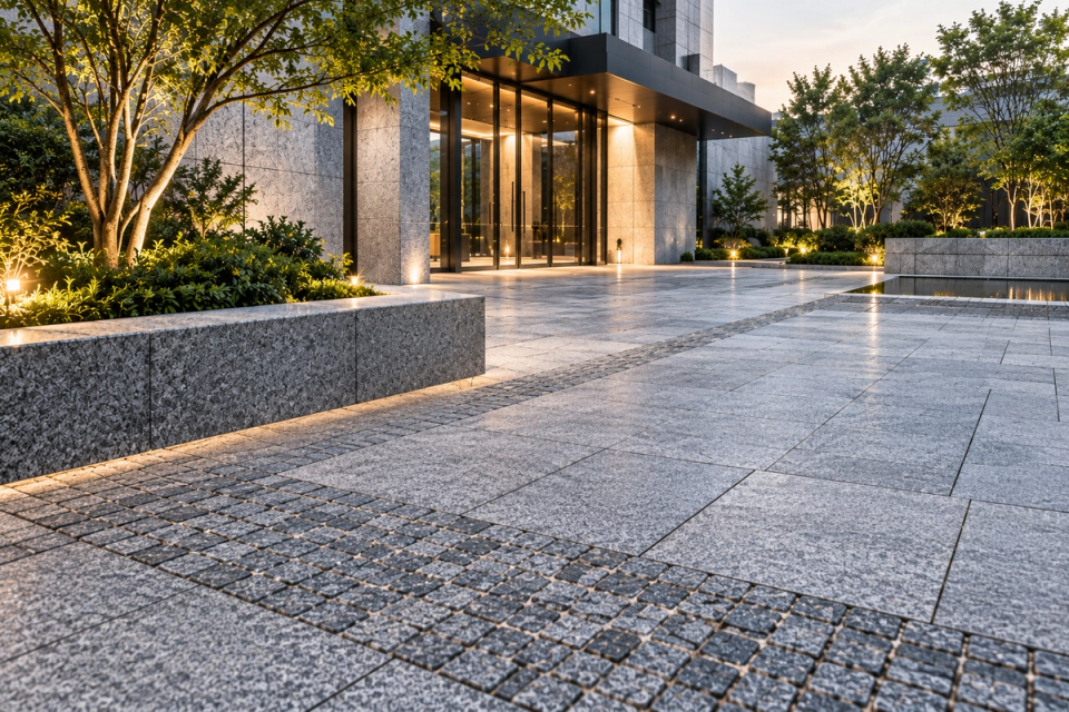 Natural granite paving design for a high-standard modern landscape project, combining large-format granite slabs with dark grey granite cobblestones to illustrate material selection and technical specification by landscape architects.
