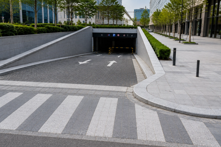 High-quality natural granite curbstones for a commercial complex vehicle entrance and pedestrian crossing, showing standard kerbs, curved vehicle access transitions, and lowered pedestrian crossing kerbs.