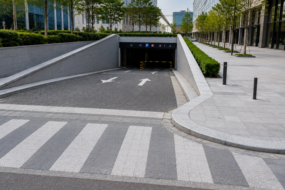 High-quality natural granite curbstones for a commercial complex vehicle entrance and pedestrian crossing, showing standard kerbs, curved vehicle access transitions, and lowered pedestrian crossing kerbs.