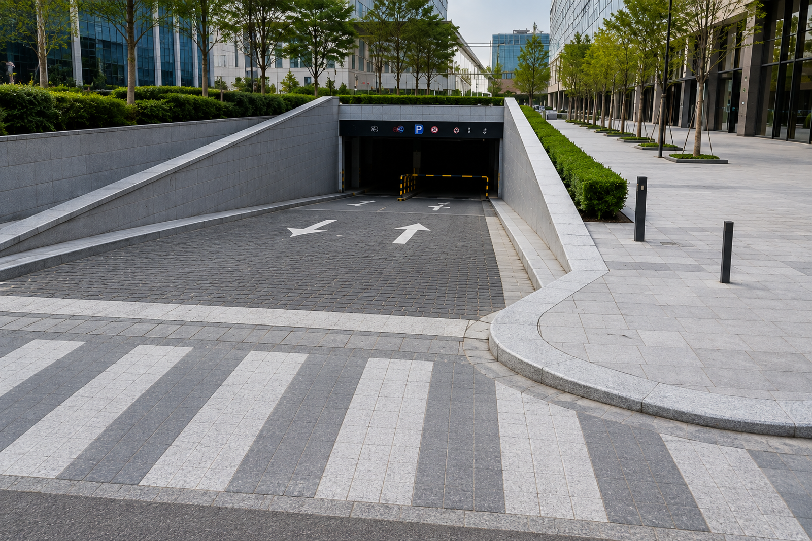 High-quality natural granite curbstones for a commercial complex vehicle entrance and pedestrian crossing, showing standard kerbs, curved vehicle access transitions, and lowered pedestrian crossing kerbs.