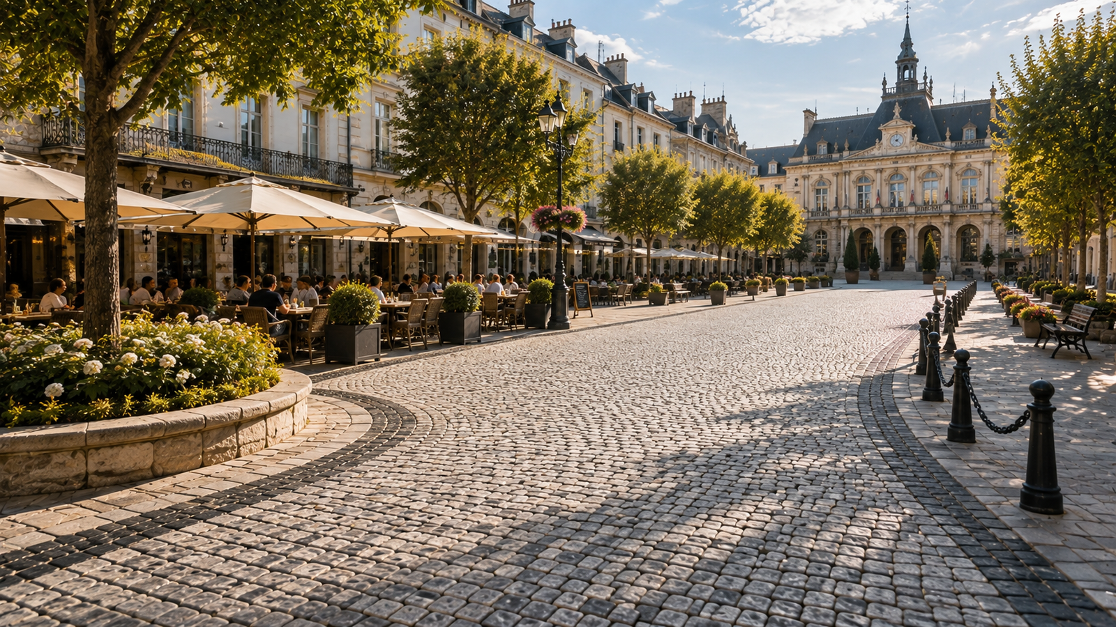 Natursteinpflaster aus Granit auf einem historischen europäischen Stadtplatz für öffentliche Räume, Fußgängerzonen und historische Architektur