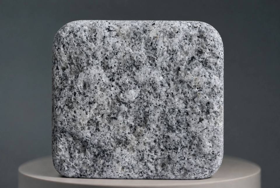 Sesame White Granitpflasterstein mit Antikfinish, weiß-grauer Kristallstruktur, natürlichen dunklen Mineralkörnern und sanft gealterten, abgerundeten Kanten.
