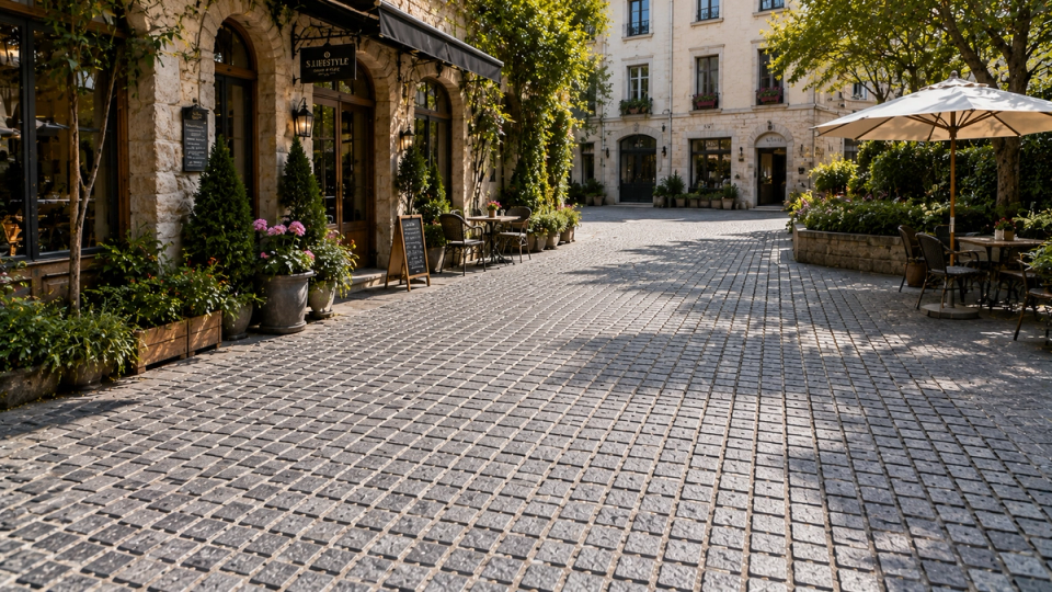 Hochwertige graue Naturgranitpflastersteine in einem europäischen Hotelhof mit gleichmäßigen Abmessungen, einheitlichen Fugen und präziser Verarbeitung für professionelle Pflasterprojekte