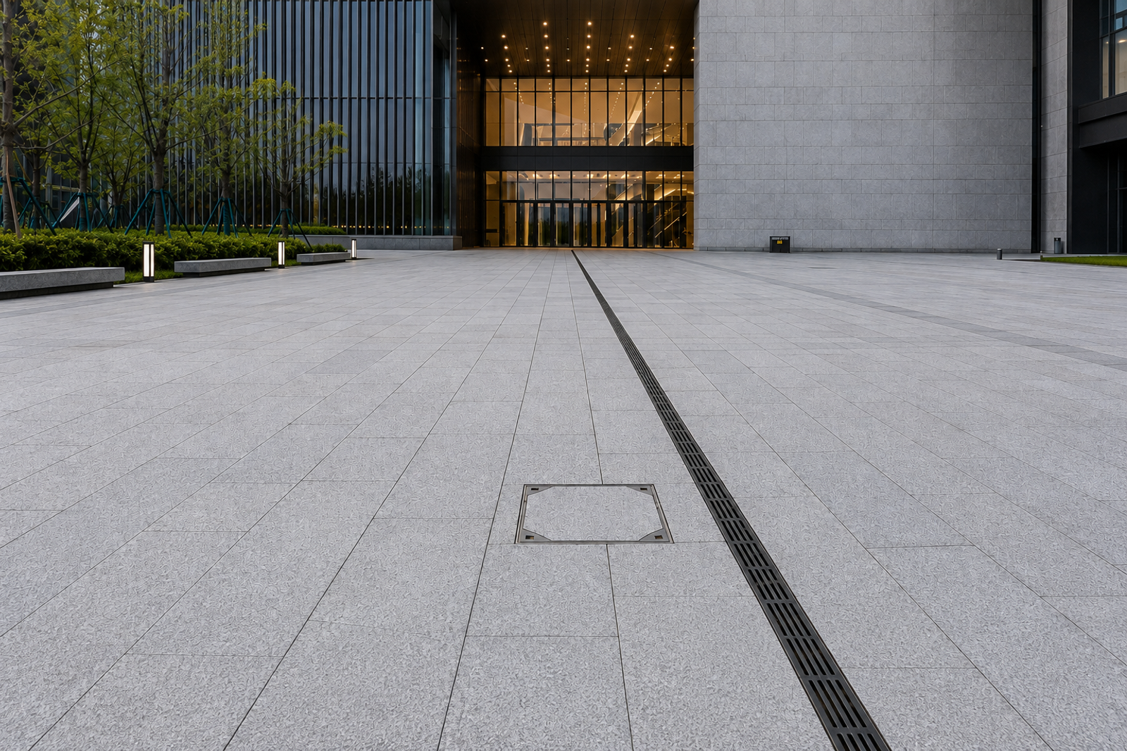 Custom large-format natural granite slabs for a cultural center entrance plaza, showing integrated linear drainage, inspection covers, and coordinated stone paving details.