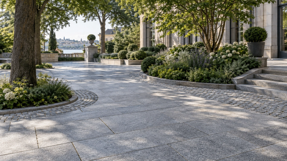 Natural granite slab and sett paving integrated with tree pits, planted borders and mature landscaping in an elegant European courtyard