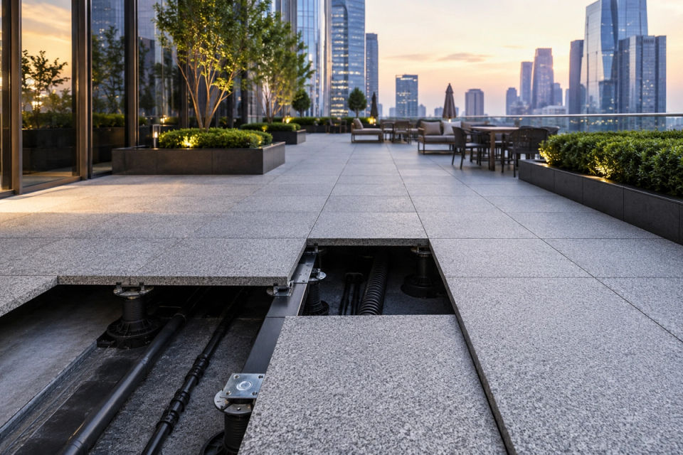 Custom granite slabs installed on a raised rooftop terrace with adjustable pedestal supports and drainage systems beneath the paving for maintenance access.