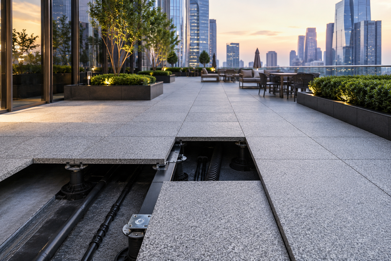 Custom granite slabs installed on a raised rooftop terrace with adjustable pedestal supports and drainage systems beneath the paving for maintenance access.