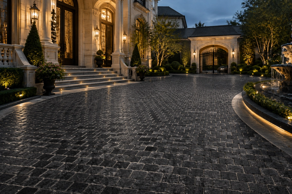 Antique-finished black granite cobblestones used for a historic building courtyard renovation and luxury entrance driveway