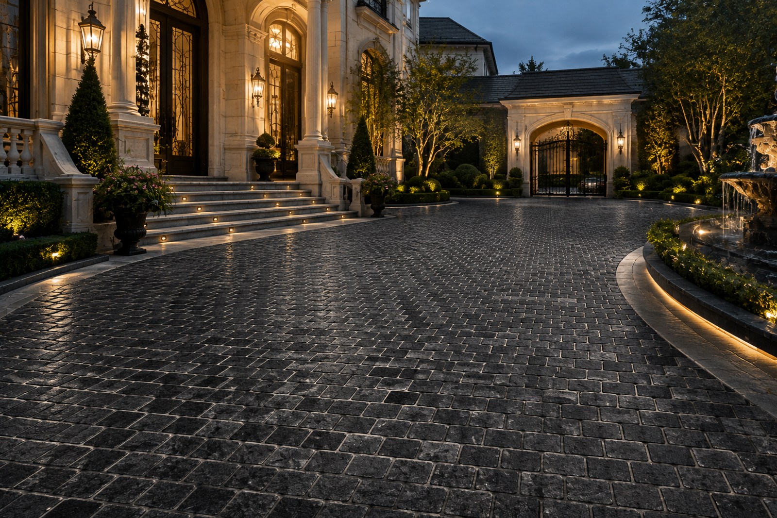 Antique-finished black granite cobblestones used for a historic building courtyard renovation and luxury entrance driveway