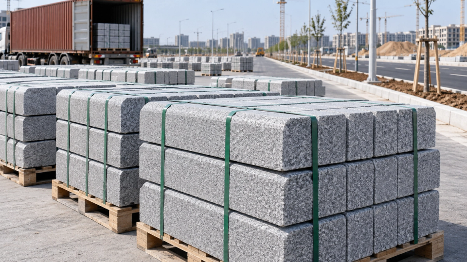 Bulk granite kerbstones packed on pallets for road construction, full-container supply and large-scale project procurement.