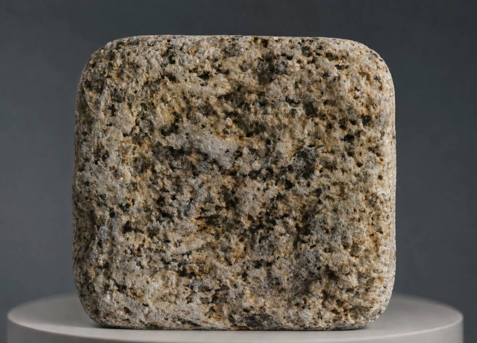 Golden Sesame Granitpflasterstein mit getrommeltem Antik-Finish, abgerundeten Kanten und natürlicher beige-goldener, grauer und dunkler Mineralkörnung.