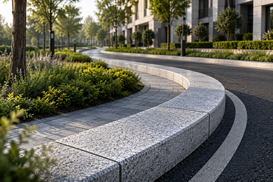 Graue Naturgranit-Bordsteine in einem großen modernen Landschaftsprojekt mit harmonischer Farbwirkung entlang einer durchgehenden Straßenbegrenzung.