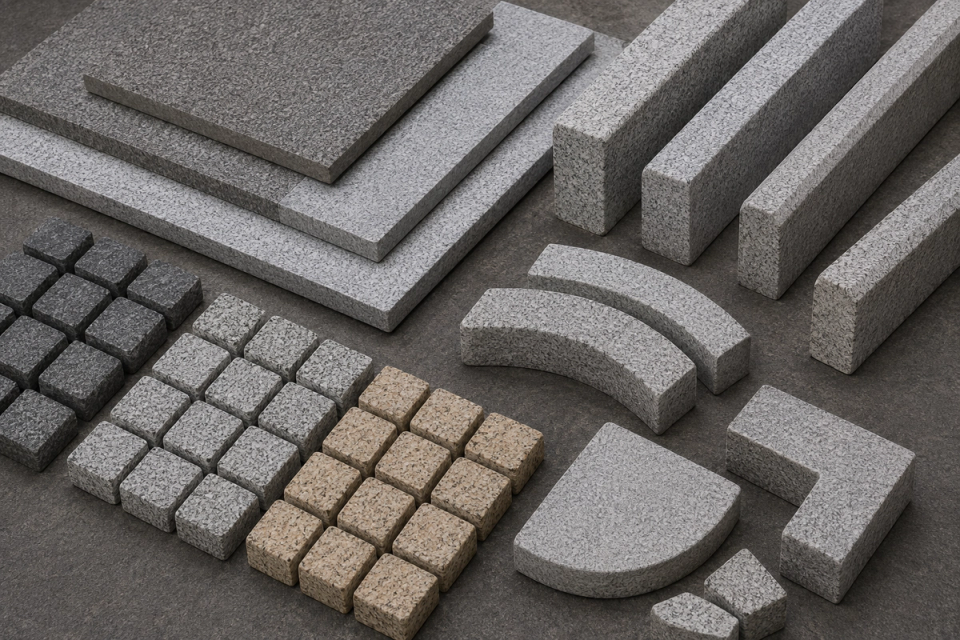 Cut-to-size granite slabs, cobblestones, straight and curved kerbstones, and custom pieces for a granite project procurement list