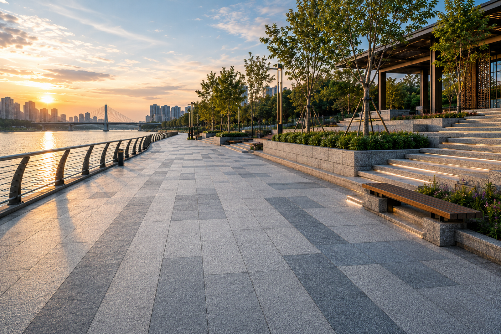 Urban waterfront promenade paved with custom natural granite slabs, connecting landscaped steps, seating areas and riverside public spaces.