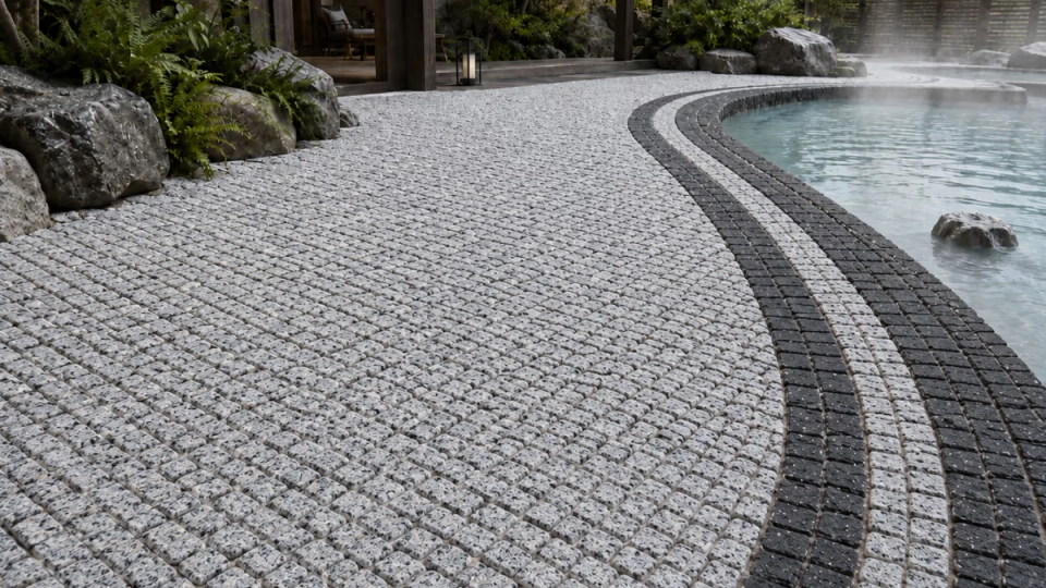 Helle und dunkle natürliche Granitpflastersteine entlang eines geschwungenen Poolrandes, geeignet für Poolterrassen, Spa-Landschaften und hochwertige Außenbereiche am Wasser.