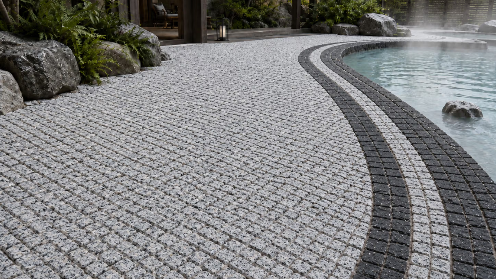 Helle und dunkle natürliche Granitpflastersteine entlang eines geschwungenen Poolrandes, geeignet für Poolterrassen, Spa-Landschaften und hochwertige Außenbereiche am Wasser.