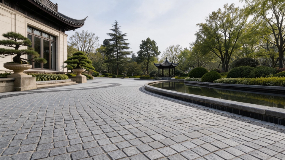 Graue natürliche Granitpflastersteine in geschwungenen Verlegemustern rund um einen hochwertigen Hofgarten mit Wasseranlage, ideal für Luxusresidenzen, private Anwesen, Boutique-Hotels und anspruchsvolle Landschaftsprojekte.