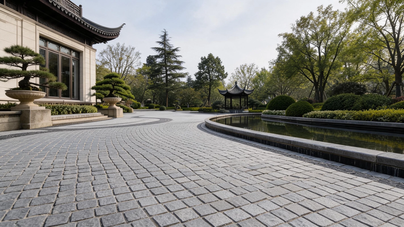 Graue natürliche Granitpflastersteine in geschwungenen Verlegemustern rund um einen hochwertigen Hofgarten mit Wasseranlage, ideal für Luxusresidenzen, private Anwesen, Boutique-Hotels und anspruchsvolle Landschaftsprojekte.