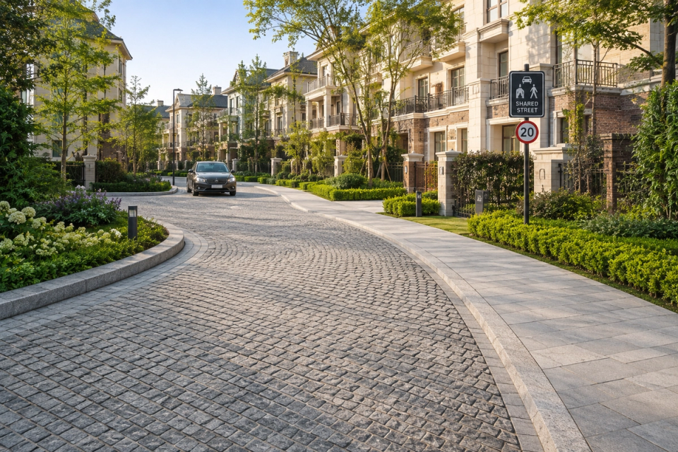 Natural granite cobblestone paving in an upscale residential shared street, integrating low-speed vehicle routes, pedestrian spaces and landscaped areas into a safe and comfortable community environment.