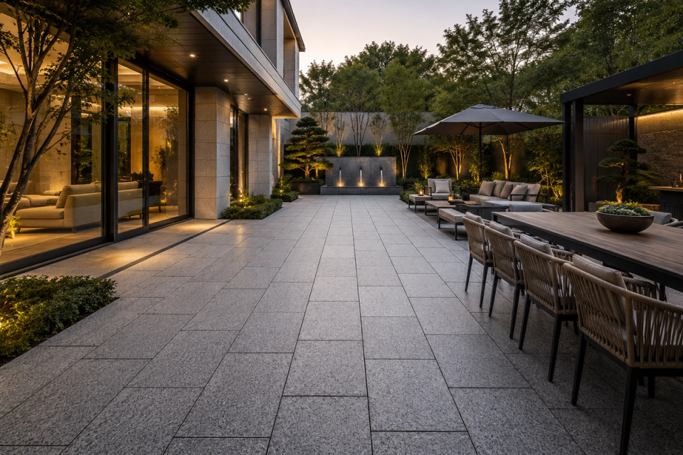 Maßgefertigte hellgraue Naturgranitplatten in einem modernen Innenhof und auf der Terrasse, die Innen- und Außenräume mit Ess-, Lounge- und begrünten Gartenbereichen verbinden.