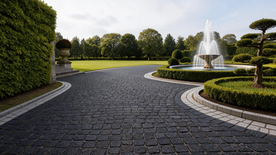 Hochwertige Granitpflasterung für eine luxuriöse europäische Gartenlandschaft mit eleganter Brunnenanlage und exklusiver Außengestaltung