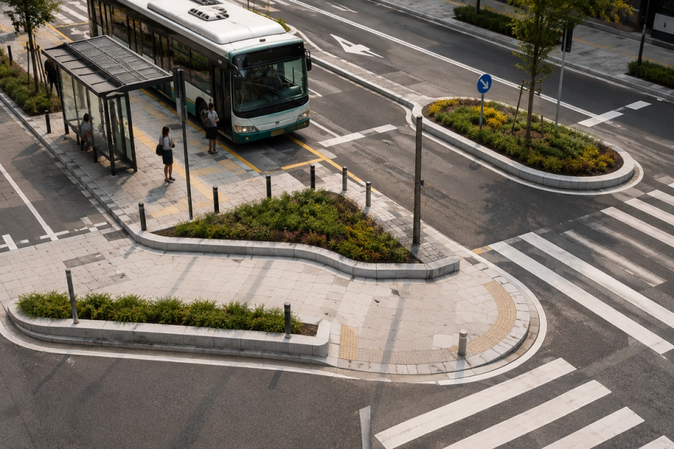 Granite kerbstones used at an urban bus stop, traffic island and pedestrian crossing, creating clear road boundaries and accessible pedestrian connections.