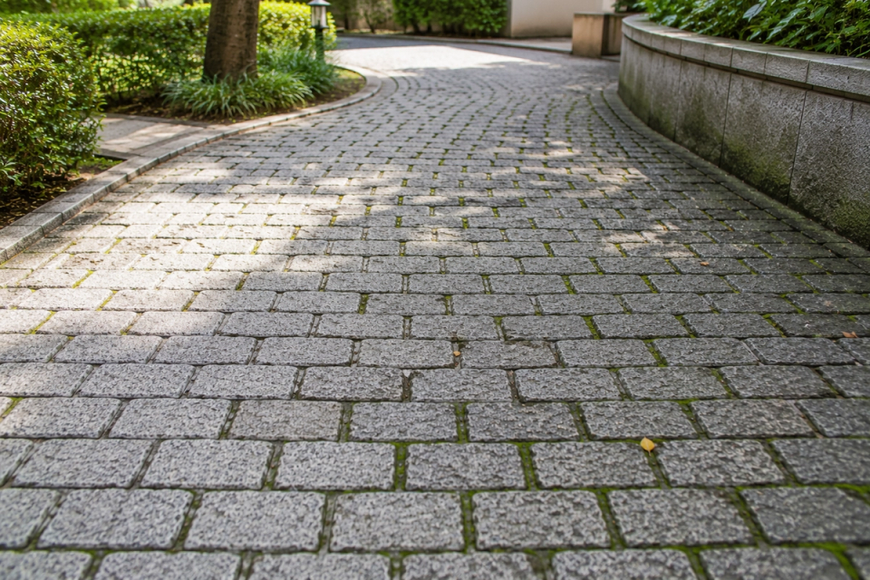 Grey granite cobblestone paving with light moss growth in the joints, showing how long-term moisture, shade and drainage conditions can contribute to moss and algae outdoors.