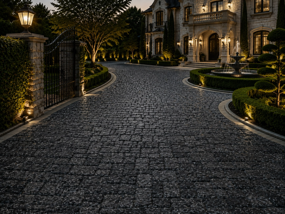Eingang einer exklusiven europäischen Residenz mit privater Zufahrt aus dunklen Naturgranitpflastersteinen, hochwertiger Gartengestaltung und stimmungsvoller Architekturbeleuchtung.