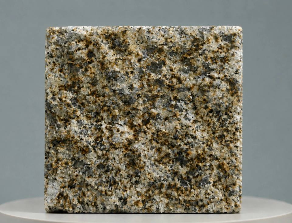 عينة من ألواح Golden Rust Granite تتميز بدرجات لونية ذهبية دافئة وملمس جرانيت فاخر لأعمال الرصف وتنسيق الحدائق والمشاريع المعمارية.