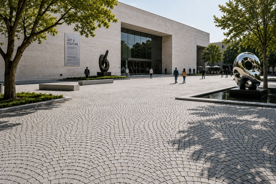 Premium natural granite cobblestones for museum, art gallery and cultural building outdoor public spaces, showing entrance plazas, sculpture gardens, curved paving and integration with large-format granite slabs.