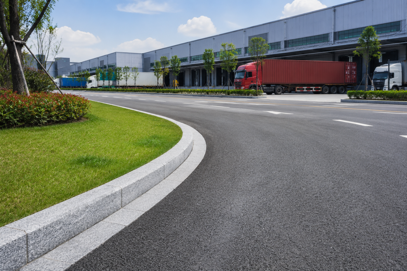 Natural granite kerbstones along a logistics park main road and heavy-vehicle entrance, defining asphalt roads, warehouse loading areas and landscaped zones.
