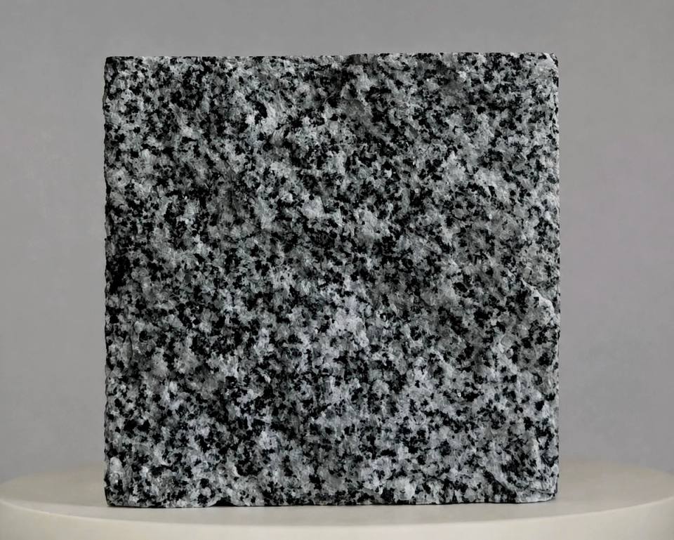 عينة من حجر الرصف من جرانيت Elegan Grey بسطح مرقط عالي التباين لرصف الساحات الكلاسيكية.