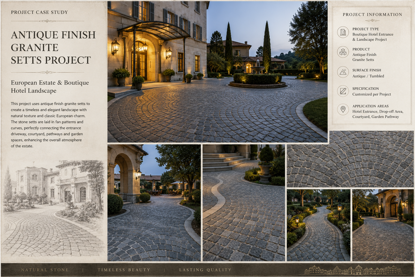 Granitpflaster mit Antik-Finish in einem Landschaftsprojekt für einen europäischen Landsitz und ein Boutique-Hotel, mit Fächer- und Bogenverlegung zwischen Eingang, Vorfahrt, Innenhof und Gartenwegen.