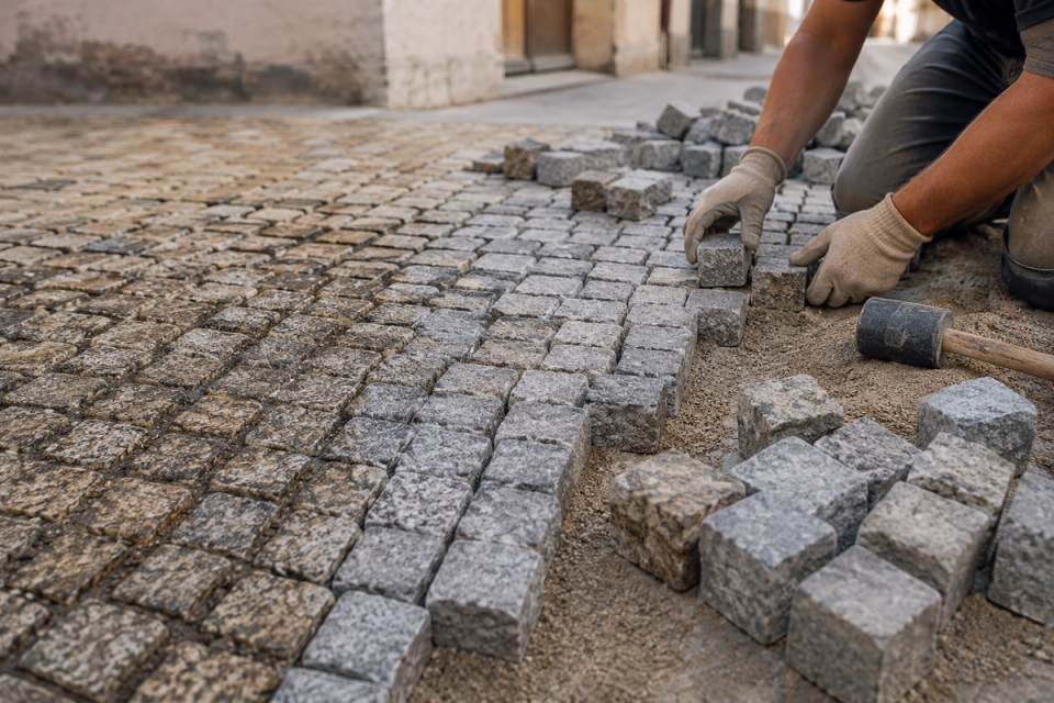 Historic cobblestone restoration using new antique-finish granite setts to replace unusable old stones and create a natural transition with the existing paving.